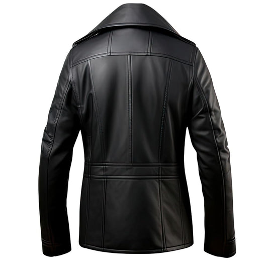 Men’s Black Sheepskin Pea Coat: Double Breasted, Slim-fit, Notched Lapel - Elegant Formal Short Button-Down