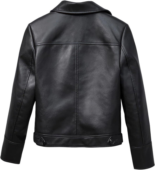Women’s Black Sheepskin Biker Leather Jacket with Shirt Collar – Arna Luxe
