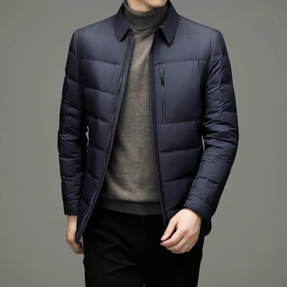 Men’s Blue Parachute Winter Puffer Jacket with Turn-Down Collar and YKK Zipper