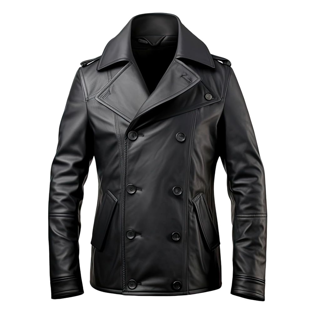 Men’s Black Sheepskin Pea Coat: Double Breasted, Slim-fit, Notched Lapel - Elegant Formal Short Button-Down