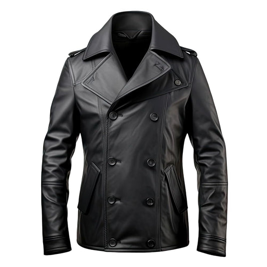 Men’s Black Sheepskin Pea Coat: Double Breasted, Slim-fit, Notched Lapel - Elegant Formal Short Button-Down