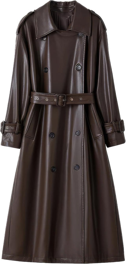Elegant Brown Sheepskin Long Double-Breasted Belted Trench Coat – Arna Luxe