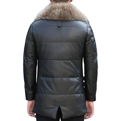 Men’s Black Genuine Sheepskin Sherpa Shearling Faux Fur Lined Thick Warm Slim Fit Padded Leather Puffer Jacket