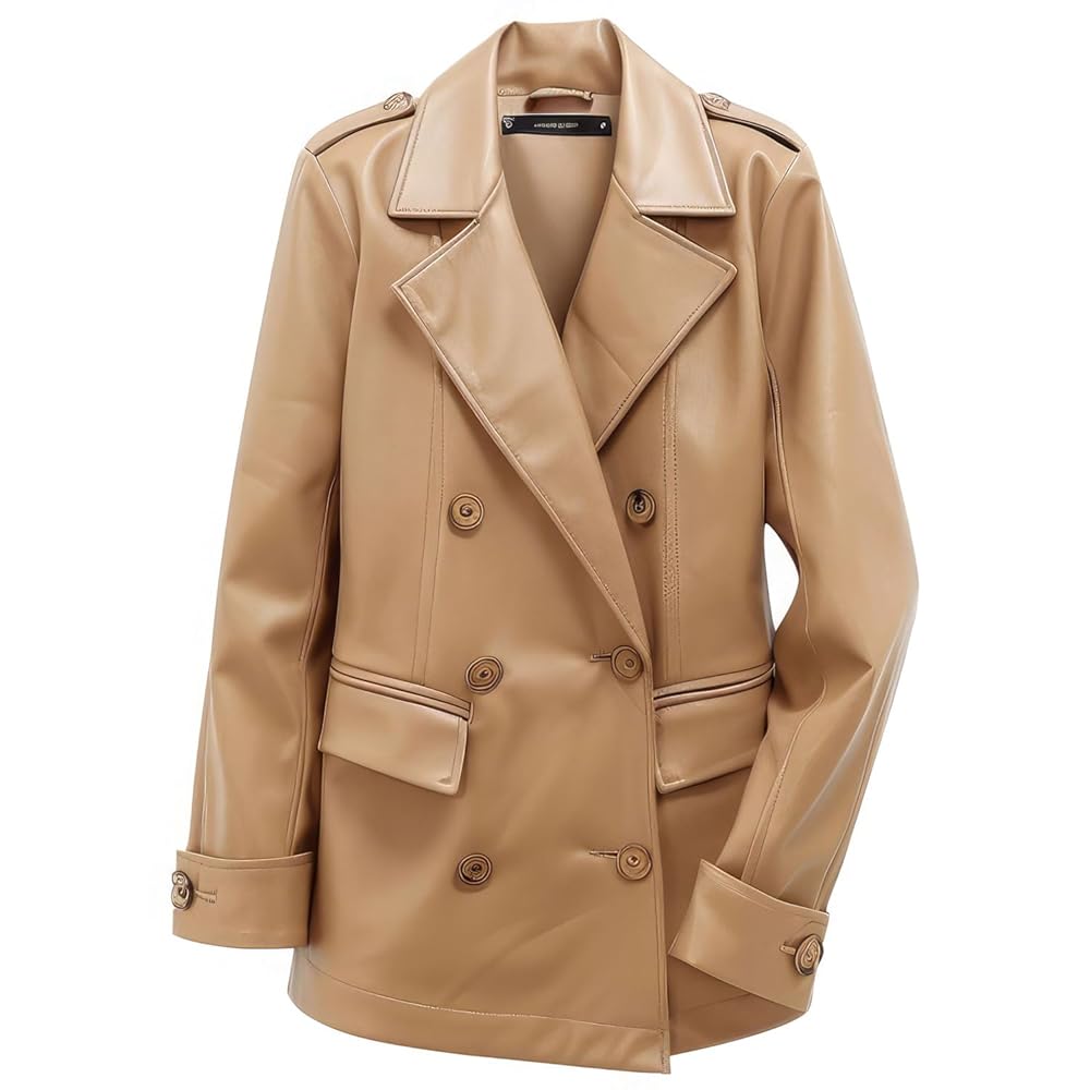 Women's Beige Genuine Sheepskin Pea Coat - Double Breasted, Lapel Collar - Office Wear