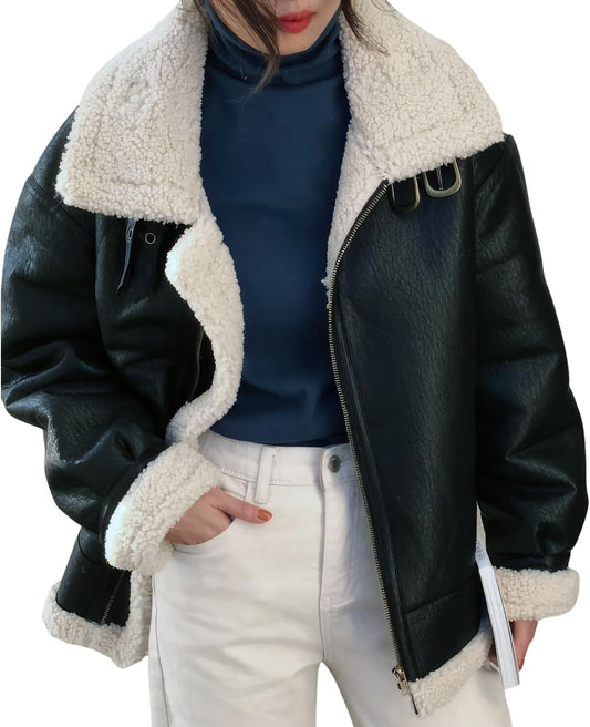 Women’s Black Sheepskin Bomber Aviator Jacket with Sherpa Faux Fur Lining – Arna Luxe