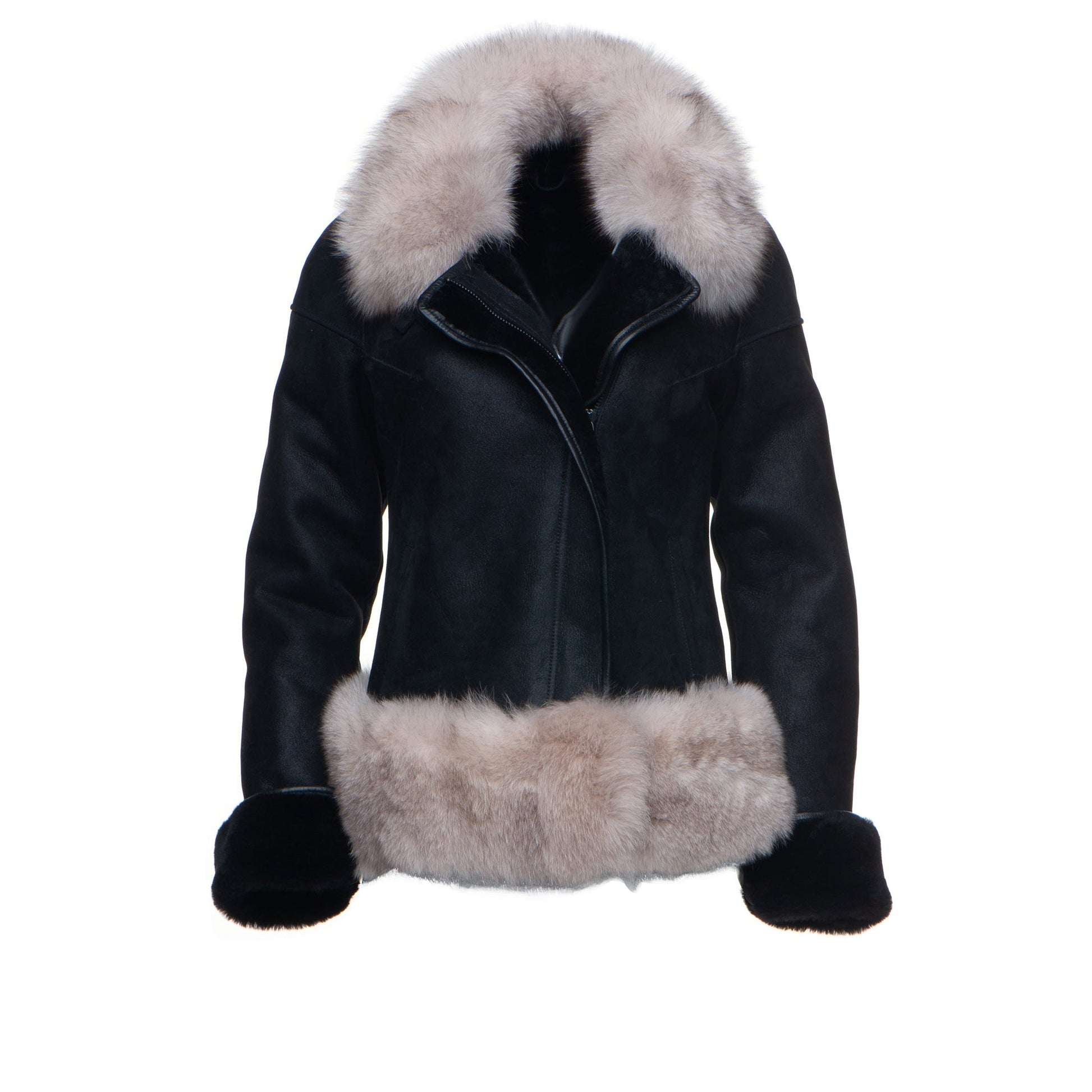 Cecily’s Black Shearling Jacket with Fox Fur Trim and Merino Wool