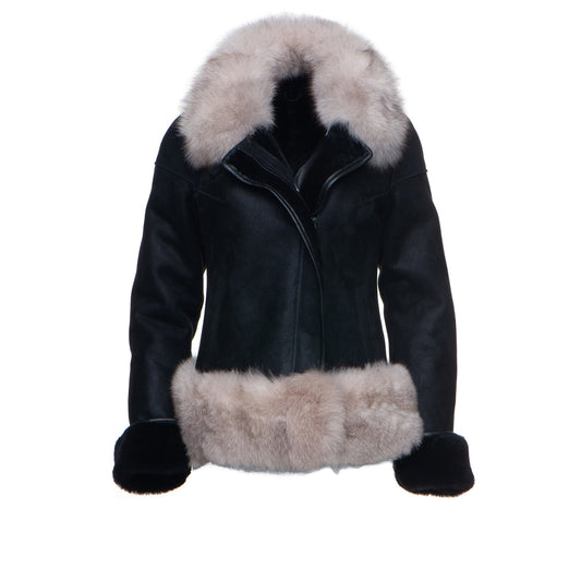 Cecily’s Black Shearling Jacket with Fox Fur Trim and Merino Wool