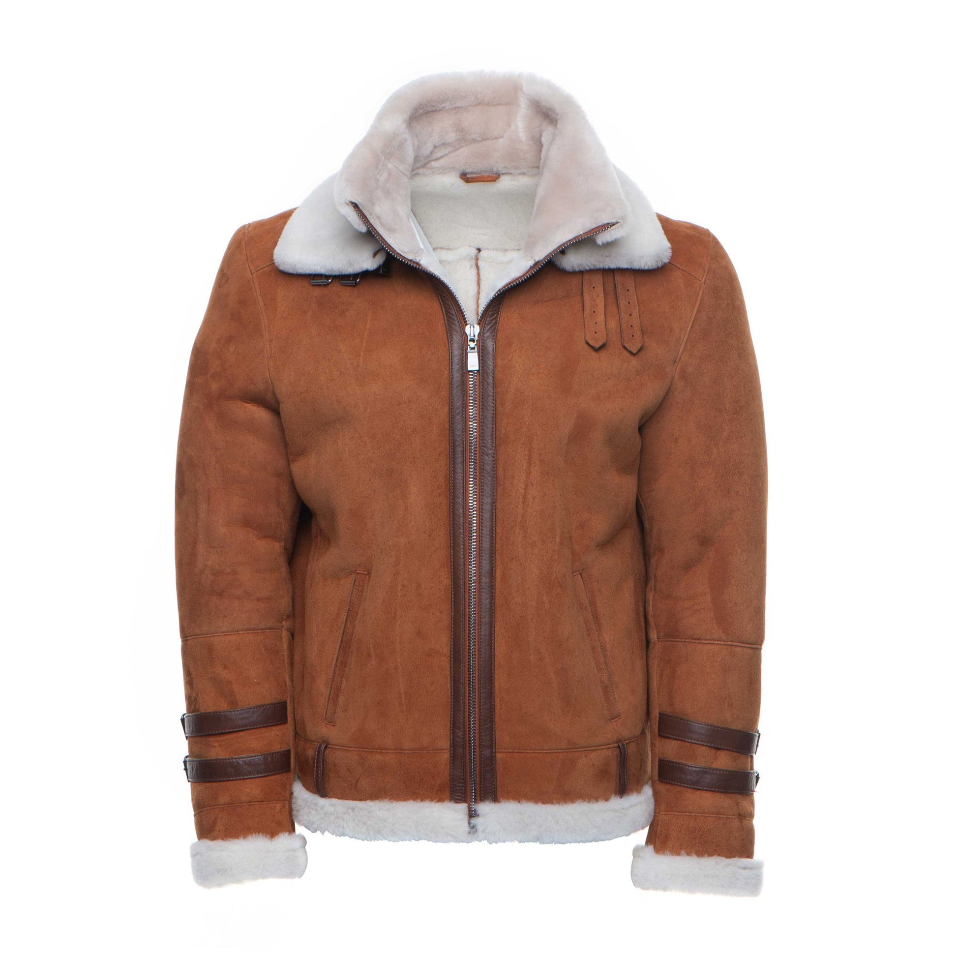 Hagan’s Tan Aviator Jacket – men’s suede shearling bomber in classic tan leather with zip closure and collar strap