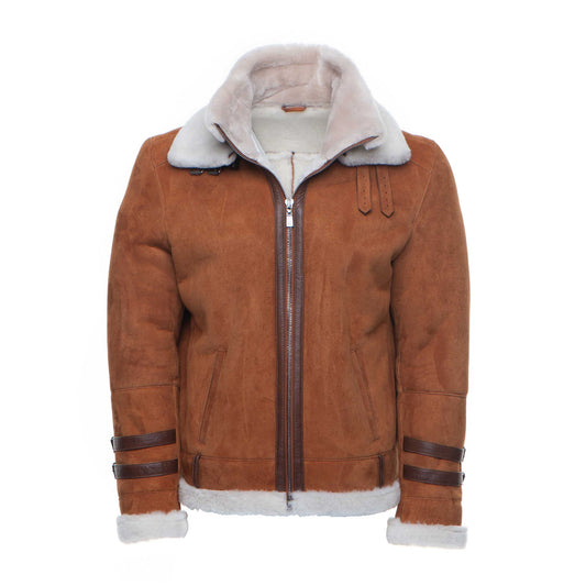 Hagan’s Tan Aviator Jacket – men’s suede shearling bomber in classic tan leather with zip closure and collar strap