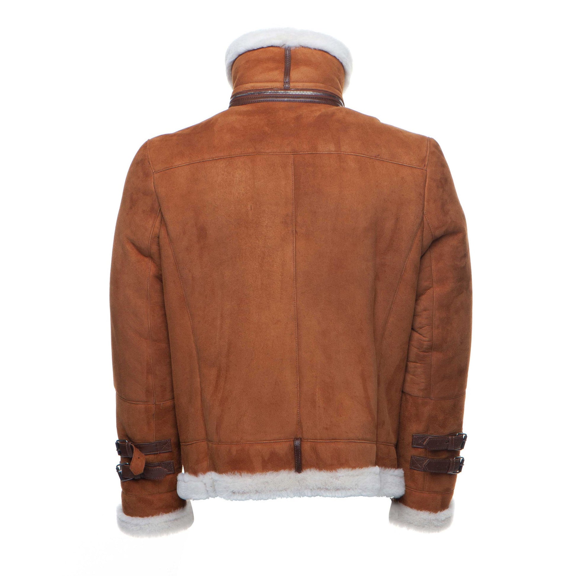 Hagan’s Tan Aviator Jacket – men’s suede shearling bomber in classic tan leather with zip closure and collar strap