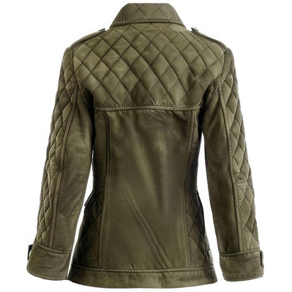 Women’s Olive Green Suede Shirt Collar Button-Up Quilted Mid-Length Leather Coat