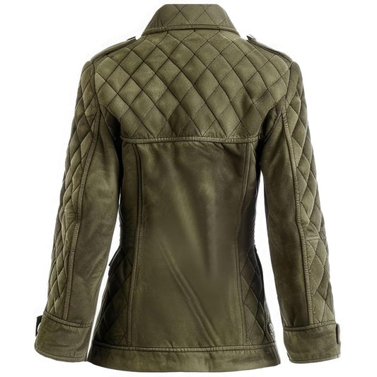 Women’s Olive Green Suede Shirt Collar Button-Up Quilted Mid-Length Leather Coat