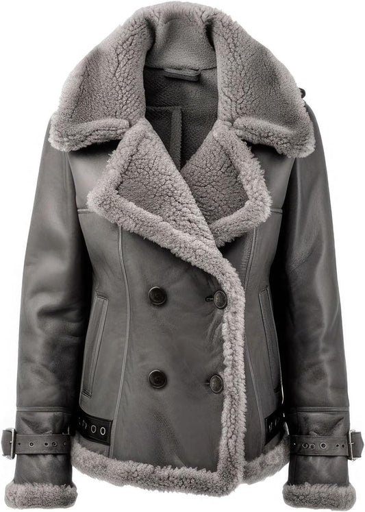 Women’s Ash Grey Sheepskin Sherpa Shearling Lined Aviator B3 Bomber Leather Jacket Winter Warmth Vintage Style