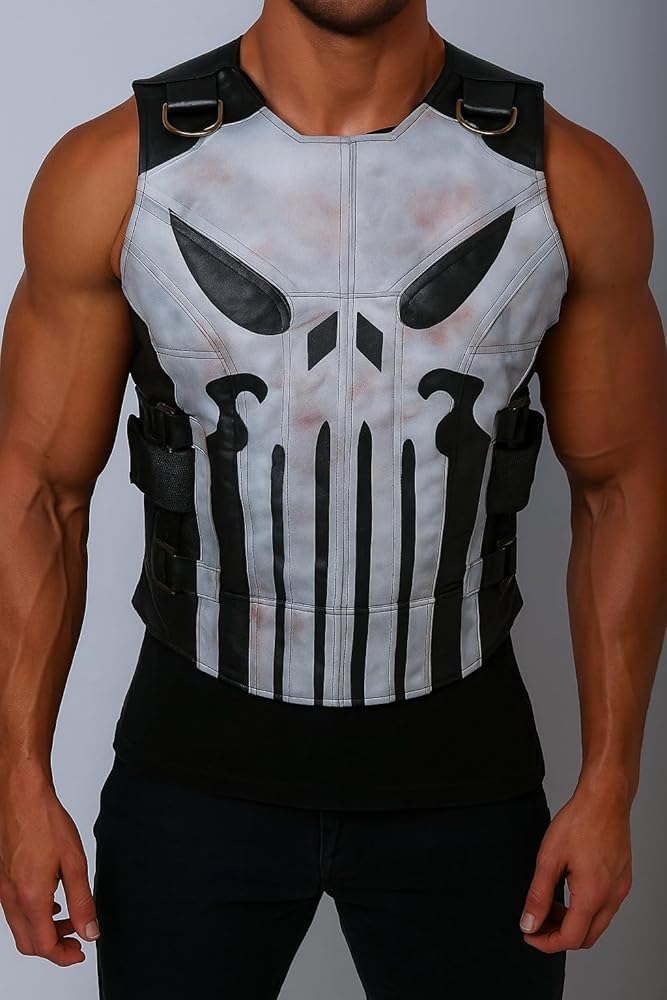 Men's Punishar Season 2 Skull Frank Castle Motorcycle Black Real Leather Vest Cosplay Costume-Gift For Him