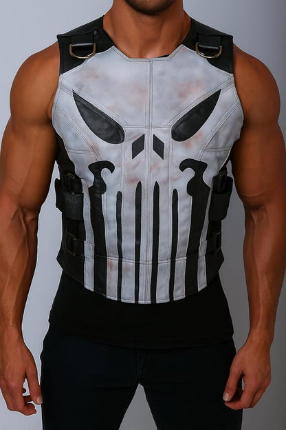 Men's Punishar Season 2 Skull Frank Castle Motorcycle Black Real Leather Vest Cosplay Costume-Gift For Him