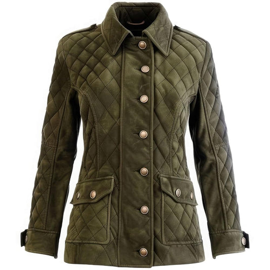 Women’s Olive Green Suede Shirt Collar Button-Up Quilted Mid-Length Leather Coat