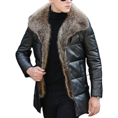 Men’s Black Genuine Sheepskin Sherpa Shearling Faux Fur Lined Thick Warm Slim Fit Padded Leather Puffer Jacket