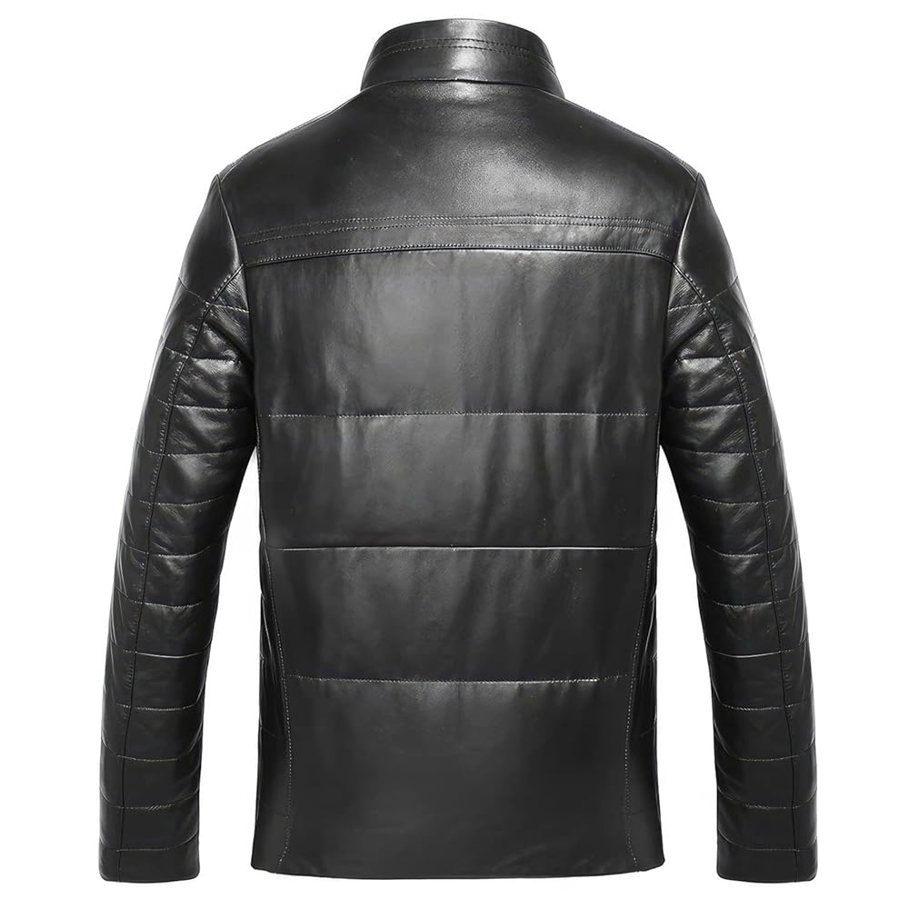 Men’s Black Sheepskin Puffer Jacket with Faux Fur Collar and Quilted Shoulders