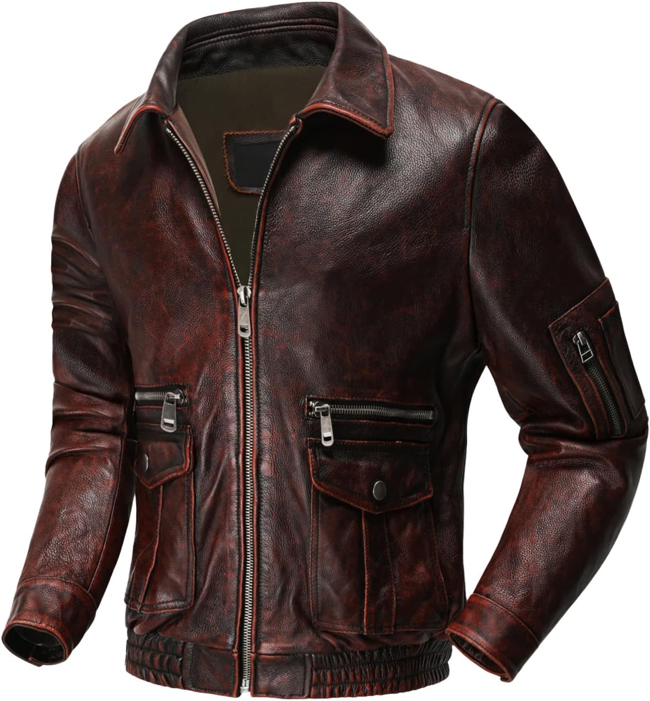 Men’s Distressed Red Cowhide Aviator Bomber Jacket – Arna Luxe