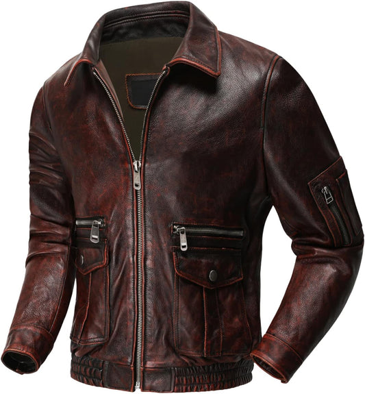 Men’s Distressed Red Cowhide Aviator Bomber Jacket – Arna Luxe