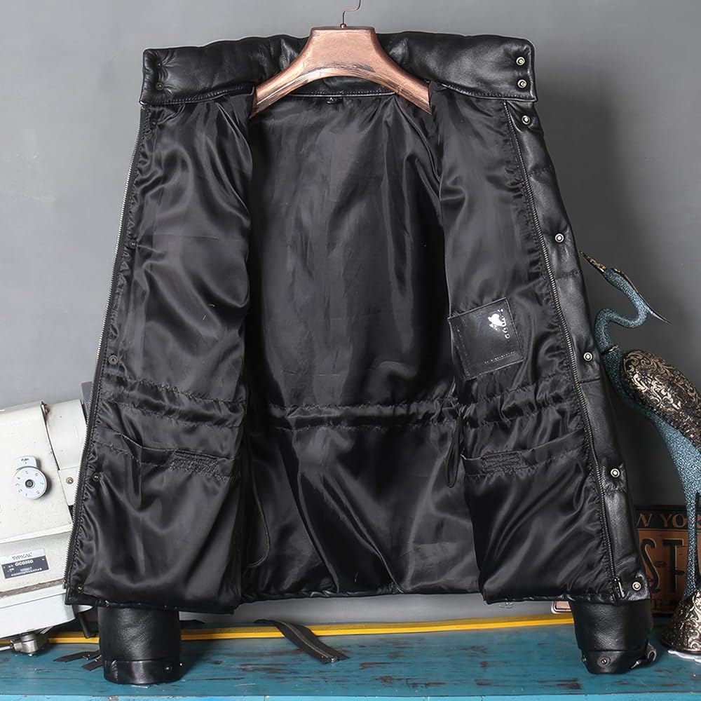 Men's Black Sheepskin High Neck Puffer Jacket - Thick Winter Warm Casual Sporty