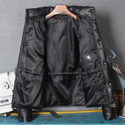 Men's Black Sheepskin High Neck Puffer Jacket - Thick Winter Warm Casual Sporty