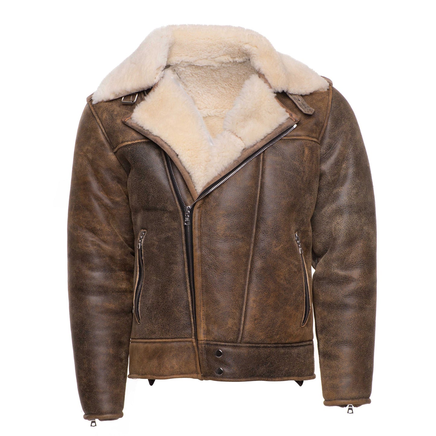 Carter’s Distressed Biker Jacket for men – brown leather shearling bomber with notch lapels and vintage finish
