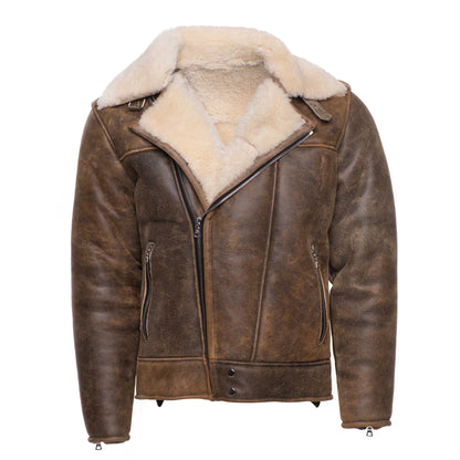 Carter’s Distressed Biker Jacket for men – brown leather shearling bomber with notch lapels and vintage finish