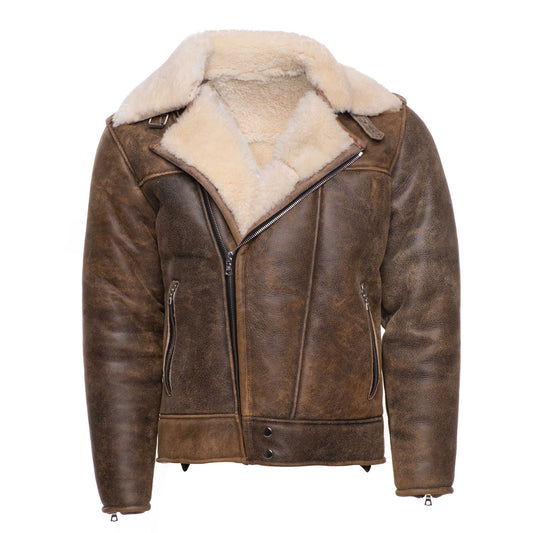 Carter’s Distressed Biker Jacket for men – brown leather shearling bomber with notch lapels and vintage finish