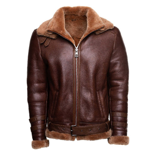 Phan’s Brown Aviator Shearling Bomber Jacket with Waist Belt