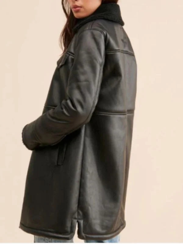 Women Sherpa Oversize Black Shearling Leather Jacket