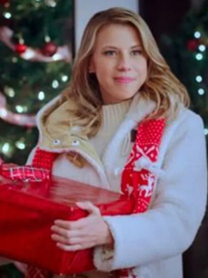 "White shearling winter coat inspired by Jodie Sweetin in A Cozy Christmas Inn."