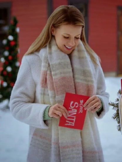 "White shearling winter coat inspired by Jodie Sweetin in A Cozy Christmas Inn."