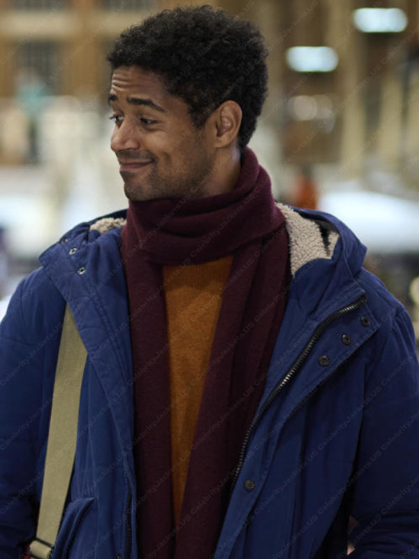 "Blue cotton hooded jacket inspired by Alfred Enoch in This Is Christmas."