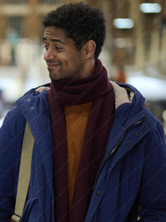 "Blue cotton hooded jacket inspired by Alfred Enoch in This Is Christmas."