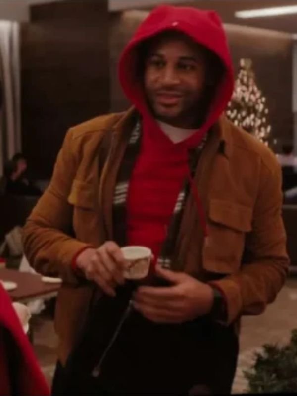 Devale Ellis brown suede jacket inspired by Meet Me Next Christmas – men’s winter holiday outerwear