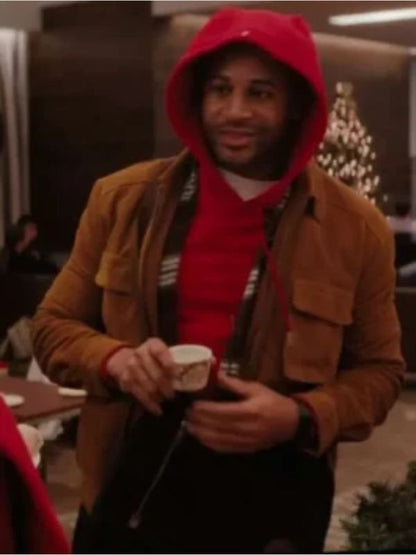 Devale Ellis brown suede jacket inspired by Meet Me Next Christmas – men’s winter holiday outerwear
