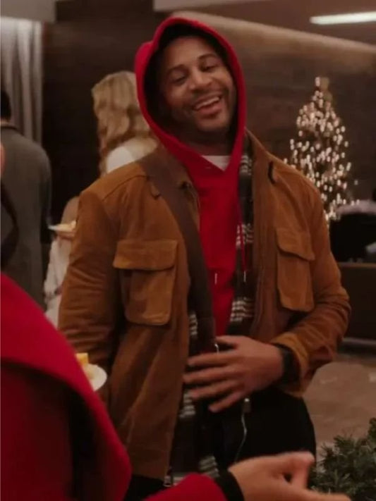 Devale Ellis brown suede jacket inspired by Meet Me Next Christmas – men’s winter holiday outerwear