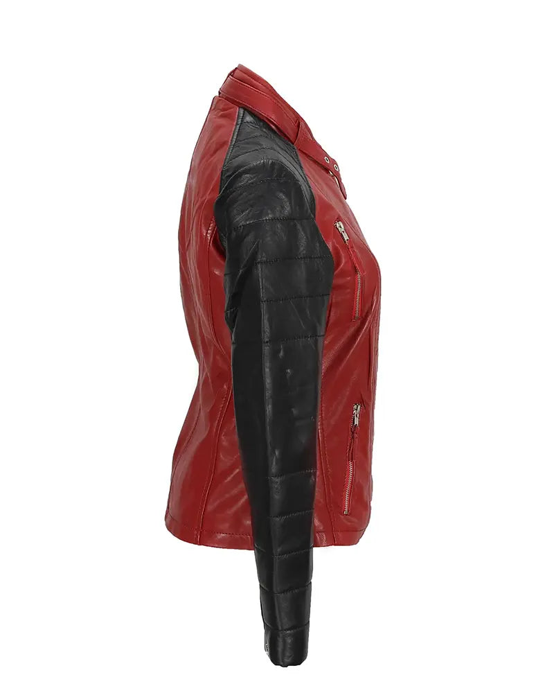 Women’s black and red leather biker jacket – edgy fitted moto jacket by Arna Luxe