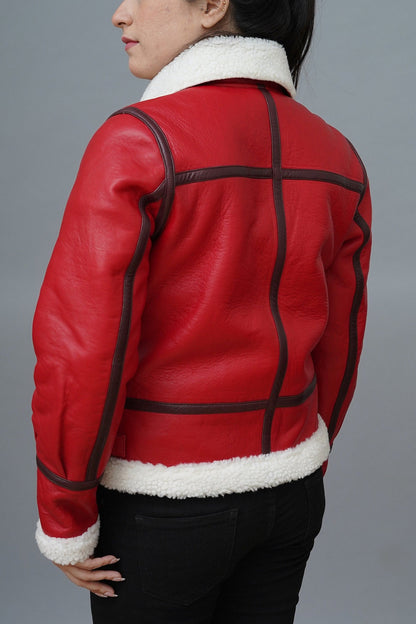 Womens Bomber Style Faux Shearling Red Leather Jacket | Christmas Outfit
