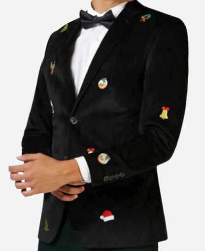 “Men’s Christmas Velvet Blazer in Burgundy, Blue & Black – Elegant Tuxedo Style Holiday Jacket”