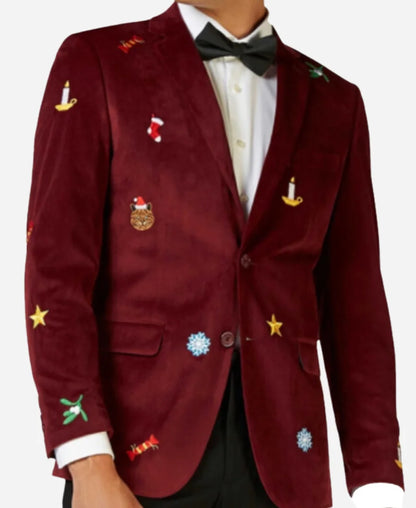 “Men’s Christmas Velvet Blazer in Burgundy, Blue & Black – Elegant Tuxedo Style Holiday Jacket”