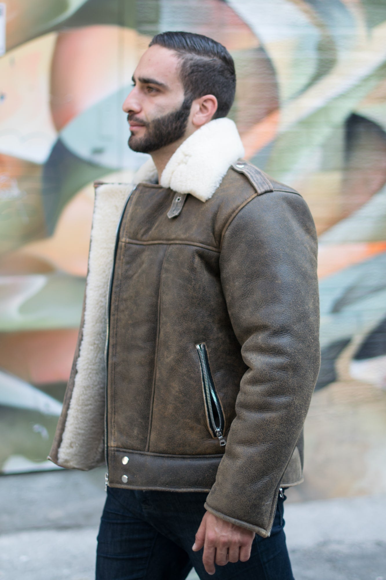 Carter’s Distressed Biker Jacket for men – brown leather shearling bomber with notch lapels and vintage finish