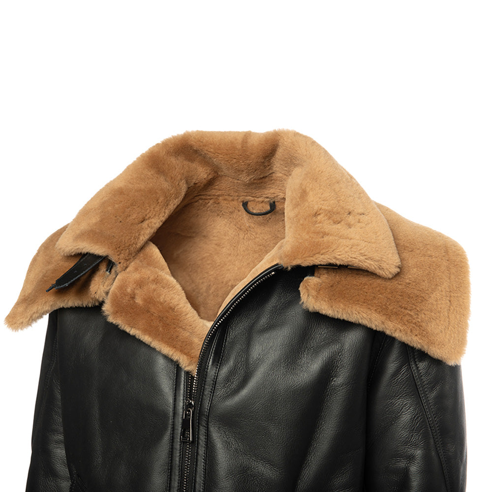 Graysen Black Aviator Shearling Bomber Jacket with Removable Collar