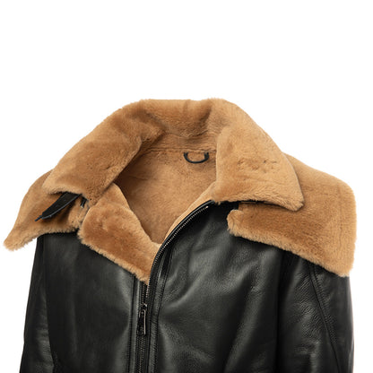 Graysen Black Aviator Shearling Bomber Jacket with Removable Collar