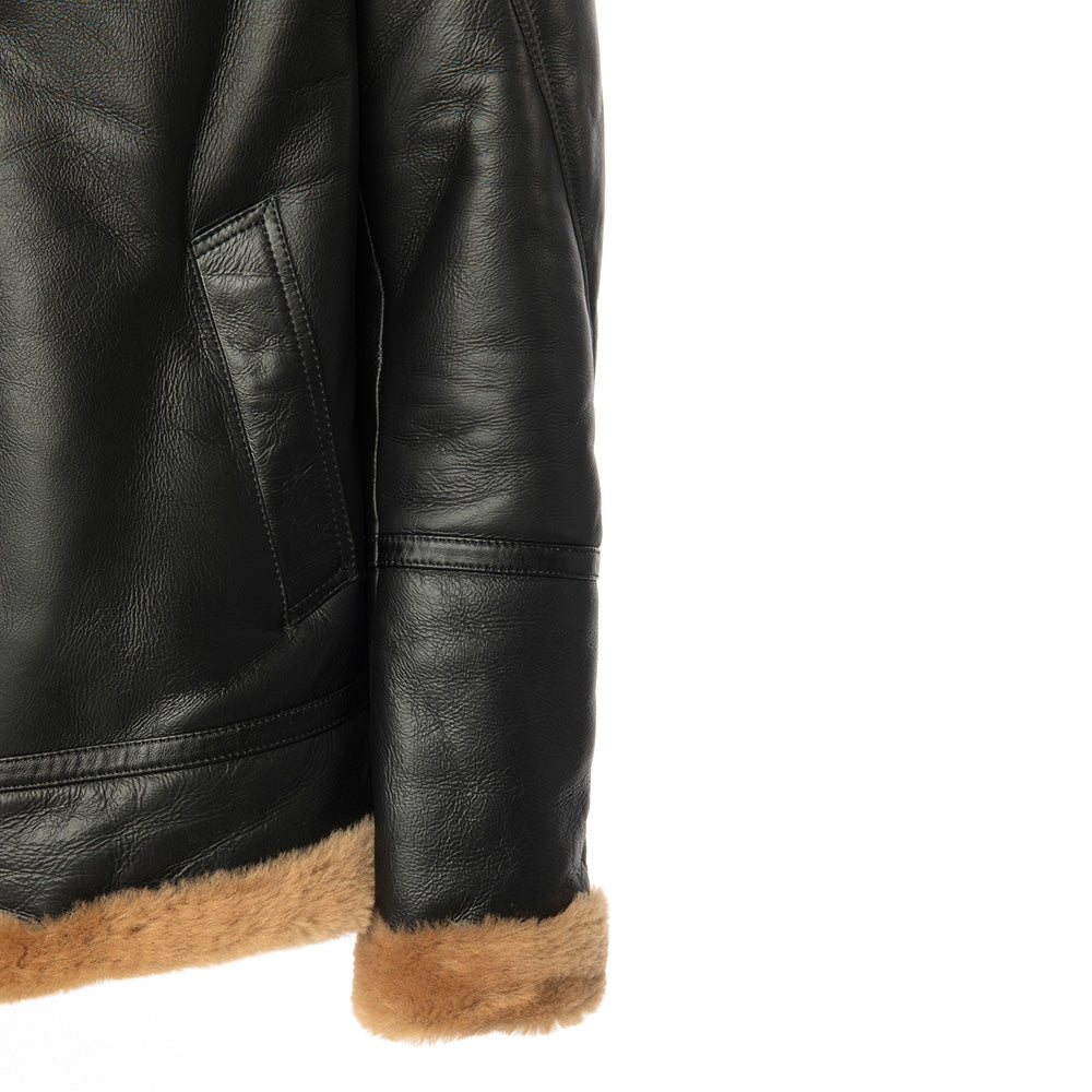 Graysen Black Aviator Shearling Bomber Jacket with Removable Collar