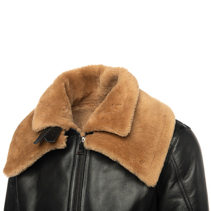 Graysen Black Aviator Shearling Bomber Jacket with Removable Collar