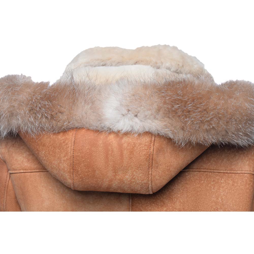 Rocco Vintage Cognac Shearling Aviator Jacket with Fox Fur Hood