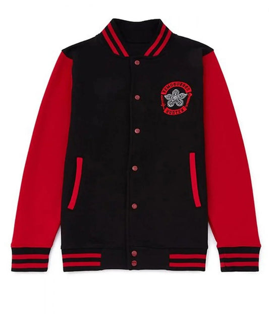 Demogorgon Varsity Jacket inspired by Stranger Things, wool body with leather sleeves and monster-themed details