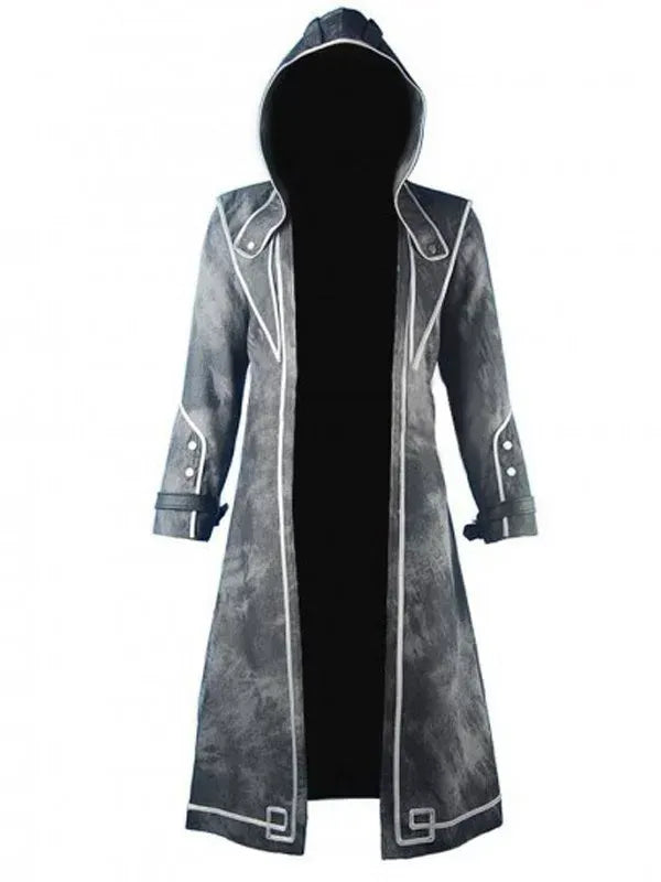 long dishonored Corvo Attano Black Leather Hooded Coat